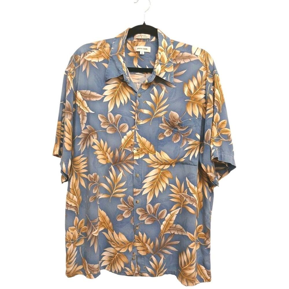 Vintage Perre Cardin Designer Tropical Dinner Men Shirt XL Blue Gray Leaf Hawaii
